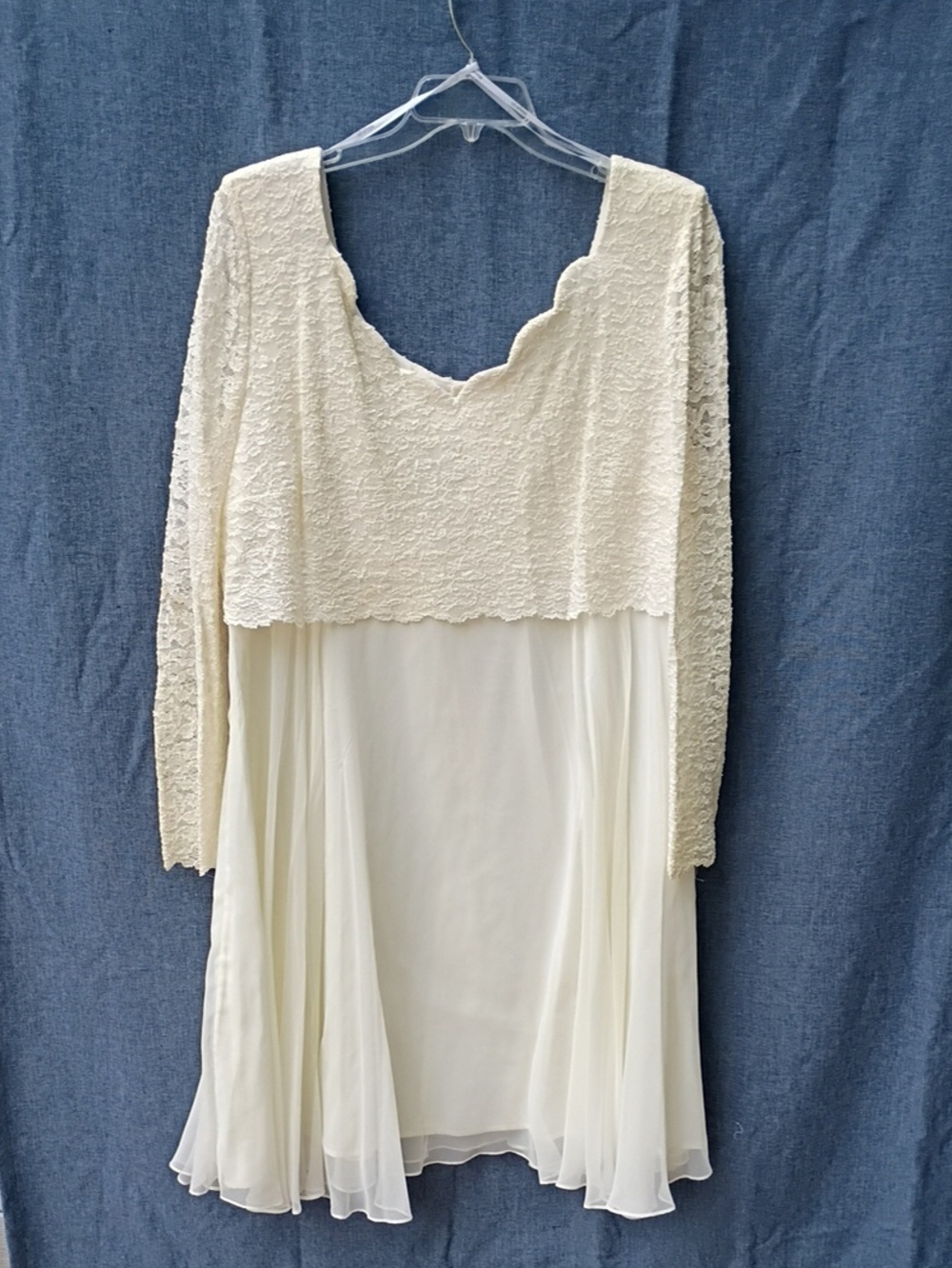 Ivory Lace-Overlay Chiffon Midi Dress with Long Sleeves